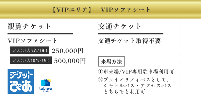 【VIPエリア】VIPソファシート ／ [観覧チケット] VIPソファシート 大人(最大5名/1組) 250,000円 大人(最大10名/1組) 500,000円 ／ [交通チケット] 交通チケット取得不要 ／ [来場方法] ①車来場/VIP専用駐車場利用可 ②プライオリティパスとして、シャトルバス・アクセスバスどちらでも利用可